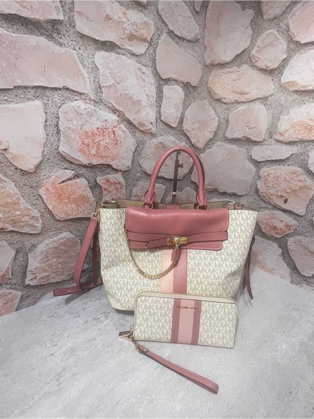 Michael Kors Rose Pink Center Stripe Legacy Hamilton Satchel & Matching Wallet